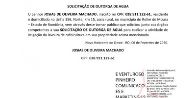 SOLICITAÇÃO DE OUTORGA DE AGUA - JOSIAS DE OLIVEIRA MACHADO