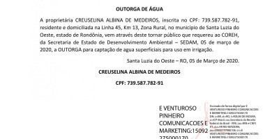 OUTORGA DE ÁGUA - CREUSELINA ALBINA DE MEDEIROS