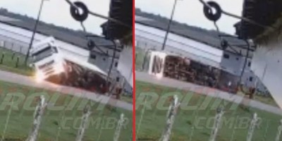 Carreta carregada com hortifrúti tomba na RO-010 próximo a Rolim de Moura; veja o vídeo