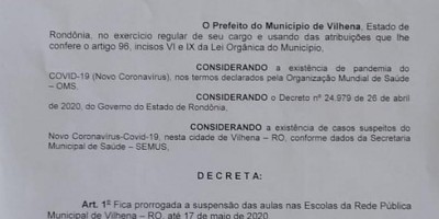 Prefeitura prorroga suspensão das atividades escolares até 17 de maio em Vilhena