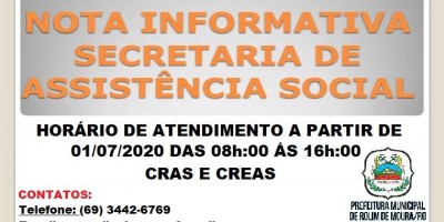 Prefeitura de Rolim de Moura informa que CRAS e CREAS passa funcionar em novo horário