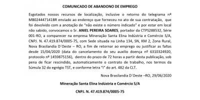  COMUNICADO DE ABANDONO DE EMPREGO - MINERAÇÃO SANTA ELINA 