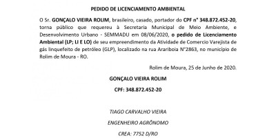 PEDIDO DE LICENCIAMENTO AMBIENTAL - GONÇALO VIEIRA ROLIM 