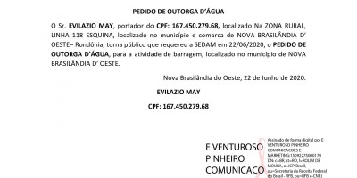 PEDIDO DE OUTORGA D’ÁGUA - EVILAZIO MAY
