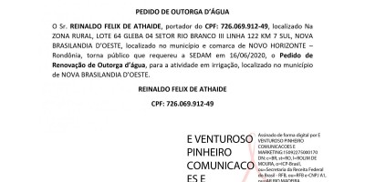  PEDIDO DE OUTORGA D’ÁGUA - REINALDO FELIX DE ATHAIDE