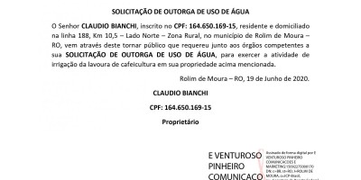 SOLICITAÇÃO DE OUTORGA DE USO DE ÁGUA - CLAUDIO BIANCHI