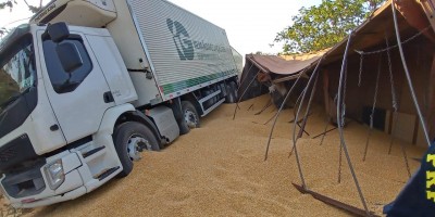 Carreta carregada de milho tomba na BR-364 e por pouco não colide com outra que seguia...