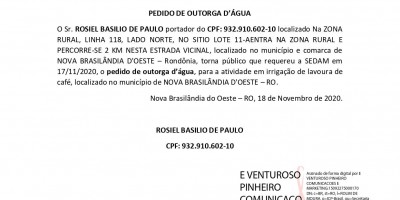  PEDIDO DE OUTORGA D’ÁGUA - ROSIEL BASILIO DE PAULO 