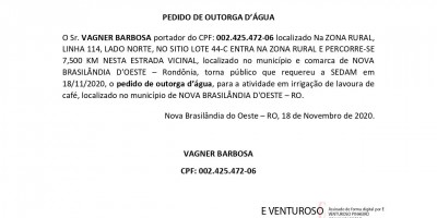 PEDIDO DE OUTORGA D’ÁGUA - VAGNER BARBOSA 
