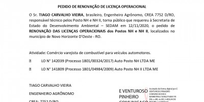 PEDIDO DE RENOVAÇÃO DE LICENÇA OPERACIONAL - POSTO NH I e II