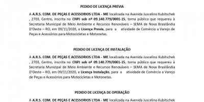 PEDIDOS DE LICENÇAS - A.R.S. COM. DE PEÇAS E ACESSORIOS LTDA 