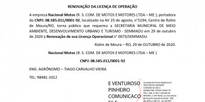 RENOVAÇÃO DA LICENÇA DE OPERAÇÃO - Nacional Motos 