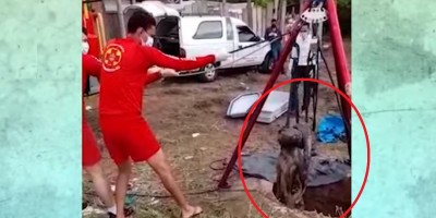 Vídeo mostra ação dos Bombeiros resgatando corpo em estado de decomposição de poço...
