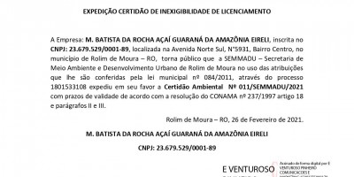 EXPEDIÇÃO CERTIDÃO DE INEXIGIBILIDADE DE LICENCIAMENTO - AÇAI