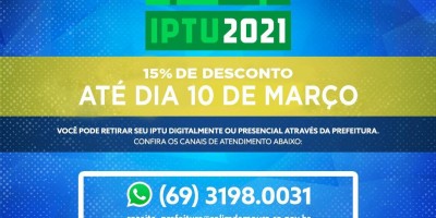 Rolim de Moura: Prazo para pagar IPTU com 15% encerra quarta-feira