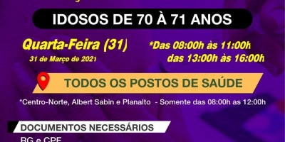 Rolim de Moura: Idosos de 70 e 71 anos serão vacinados na próxima quarta-feira (31)