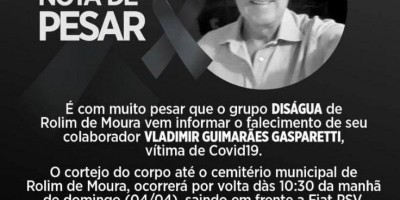 Disagua de Rolim de Moura comunica o falecimento de Vladimir Guimarães Gasparetti,...