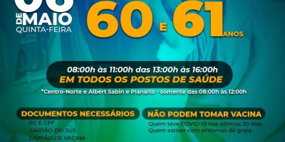 Pessoas com 60 e 61 anos serão vacinadas contra covid-19 nesta quinta (06) em Rolim de...