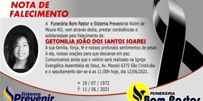 Nota de falecimento de Getonilia João dos Santos Soares