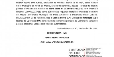 PEDIDO LICENÇA PRÉVIA, INSTALAÇÃO E OPERAÇÃO  - FERRO VELHO SAO JORGE