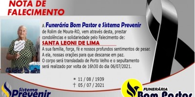 Nota de Falecimento em nome de Santa Leoni de Lima