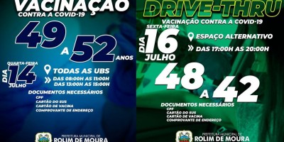 Esta semana, Rolim de Moura estará vacinando contra covid-19 pessoas com idade entre 42...