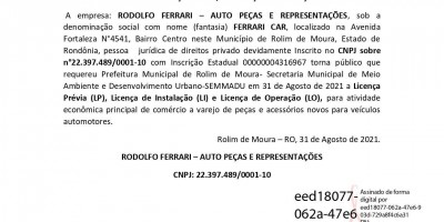PEDIDO LICENÇA PRÉVIA, INSTALAÇÃO E OPERAÇÃO - RODOLFO FERRARI 