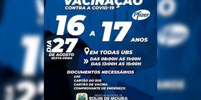 Rolim de Moura: Vacinação para adolescentes de 16 e 17 anos contra a COVID-19 será...