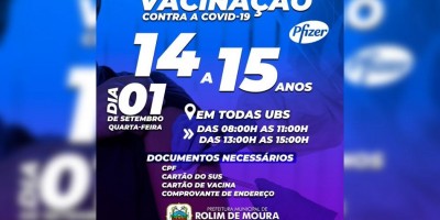 Rolim de Moura: Vacinação para adolescentes de 14 e 15 anos contra a COVID-19 será...
