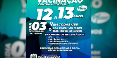 Rolim de Moura: Prefeitura abre vacinação para adolescentes de 12 e 13 anos contra a...