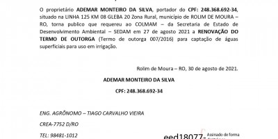 RENOVAÇÃO DO TERMO DE OUTORGA - ADEMAR MONTEIRO DA SILVA