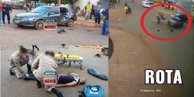 Câmera de segurança flagra grave colisão entre moto e carro em Vilhena
