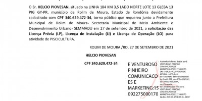 SOLICITAÇÃO DE LICENÇAS PRÉVIA, DE INSTALAÇÃO E DE OPERAÇÃO - HELCIO PIOVESAN