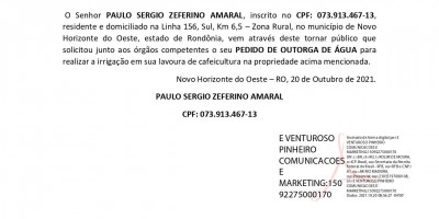 PEDIDO DE OUTORGA DE ÁGUA  - PAULO SERGIO ZEFERINO AMARAL