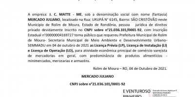 PEDIDO LICENÇA PRÉVIA, INSTALAÇÃO E OPERAÇÃO - MERCADO JULIANO