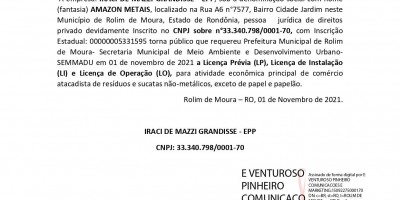 PEDIDO LICENÇA PRÉVIA, INSTALAÇÃO E OPERAÇÃO - AMAZON METAIS 
