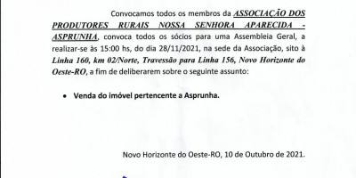 ASSOCIAÇÃO DOS PRODUTORES RURAIS NOSSA SENHORA APARECIDA - EDITAL DE CONVOCAÇÃO 