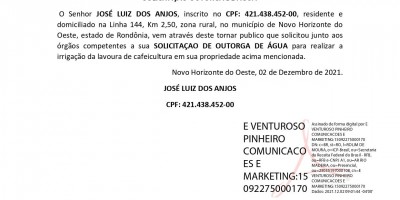 SOLICITAÇÃO OUTORGA DE AGUA - JOSÉ LUIZ DOS ANJOS