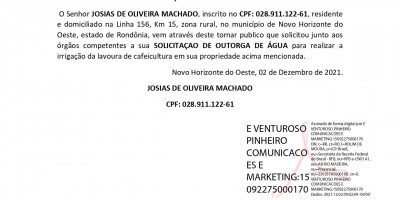 SOLICITAÇÃO OUTORGA DE AGUA  - JOSIAS DE OLIVEIRA MACHADO