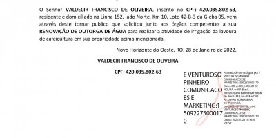 RENOVAÇÃO DE OUTORGA DE AGUA - VALDECIR FRANCISCO DE OLIVEIRA