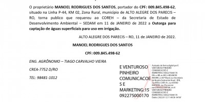 SOLICITAÇÃO DE OUTORGA - MANOEL RODRIGUES DOS SANTOS