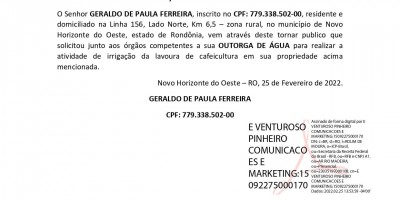 SOLICITAÇÃO DE OUTORGA DE ÁGUA  - GERALDO DE PAULA FERREIRA