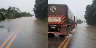 BR-364 fica alagada e tráfego de veículos baixos é suspenso entre Cacoal e Pimenta...