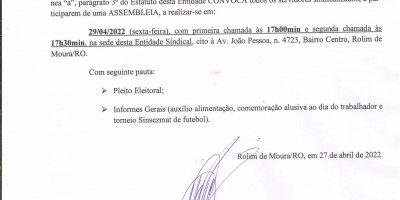 EDITAL DE CONVOCAÇÃO - ASSEMBLÉIA GERAL - SINSEZMAT