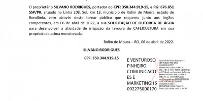 SOLICITAÇÃO DE OUTORGA DE AGÚA - SILVANO RODRIGUES