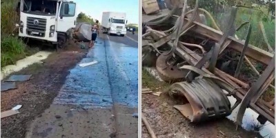 Pneu estoura e caminhão leiteiro tomba na BR-364 em Jaru; veja o vídeo