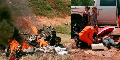 Casal em motocicleta sobrevive após veículo pegar fogo durante acidente na BR-364; Veja...