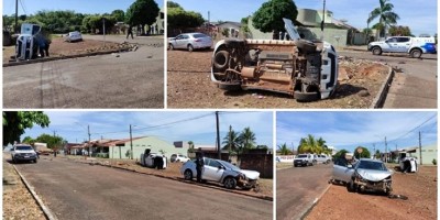 Carro tomba após colisão em cruzamento no centro de Pimenta Bueno