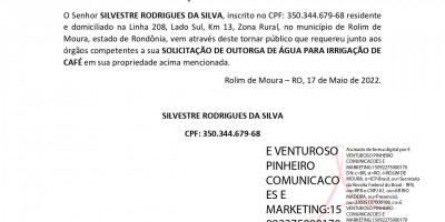SOLICITAÇÃO DE OUTORGA DE ÁGUA - SILVESTRE RODRIGUES DA SILVA