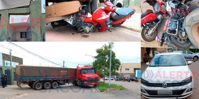 Cacoal: Carreta com problemas mecânicos bate em duas motos, um carro e só para no muro